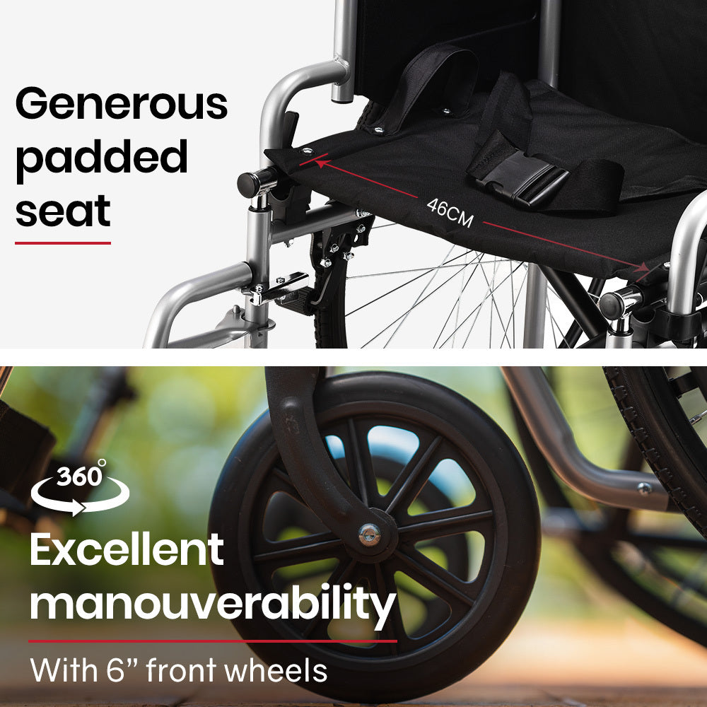 24 Inch Folding Wheelchair Lightweight Portable for Elderly and Disabled, Grey