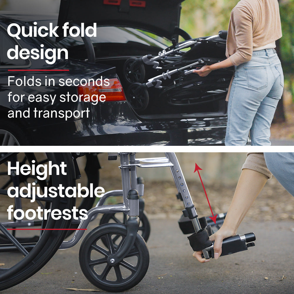 24 Inch Folding Wheelchair Lightweight Portable for Elderly and Disabled, Grey