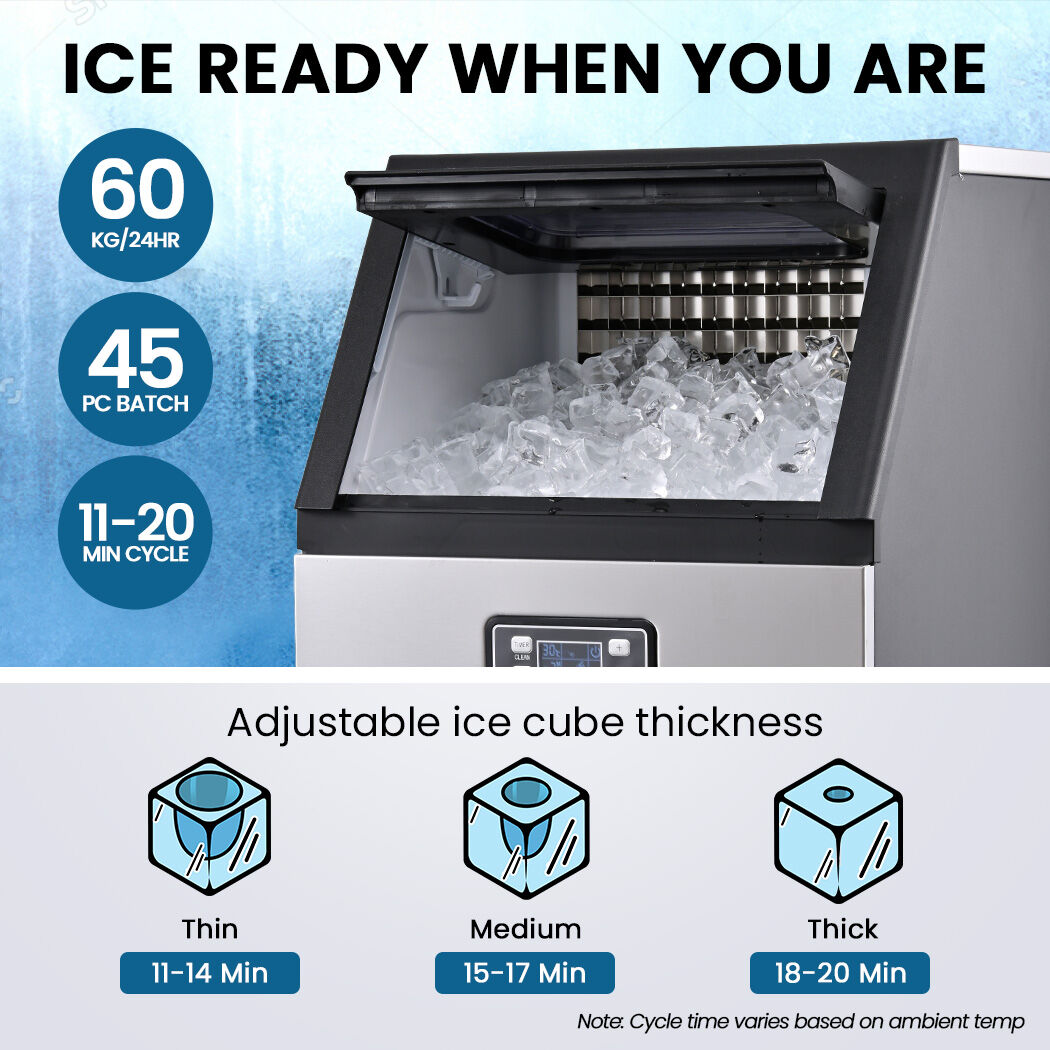 Commercial Ice Maker Machine, up to 60kg/24hr, Timer & Self Cleaning Programs