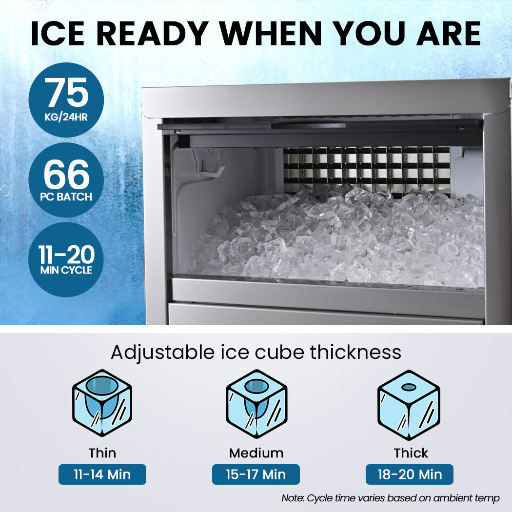 Commercial Ice Maker Machine, up to 75kg/24hr, Timer & Self Cleaning Programs