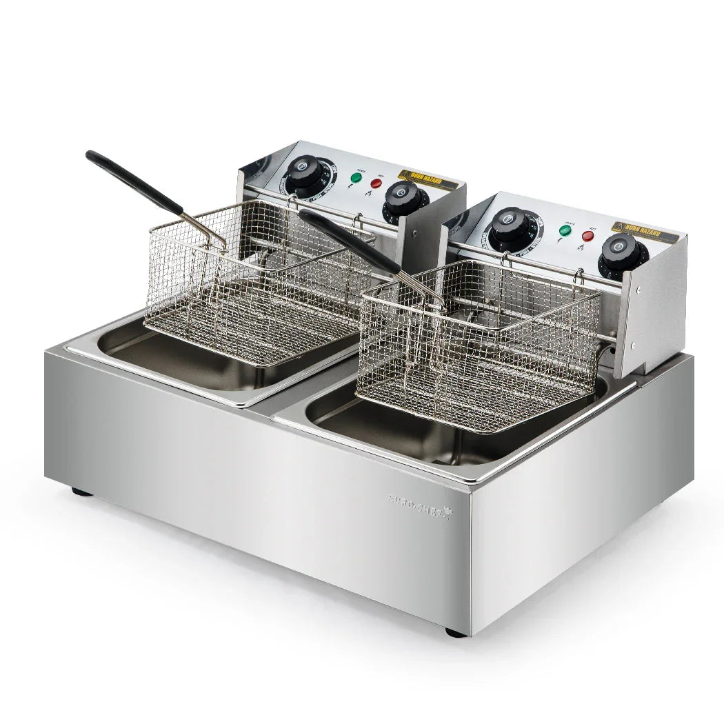 Commercial Double Tank Deep Fryer – 2400W×2, 60–200°C, Stainless Steel