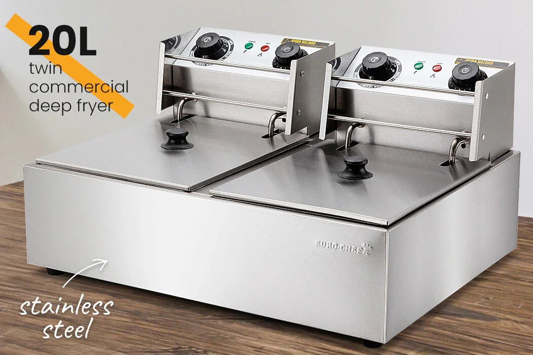 Commercial Double Tank Deep Fryer – 2400W×2, 60–200°C, Stainless Steel