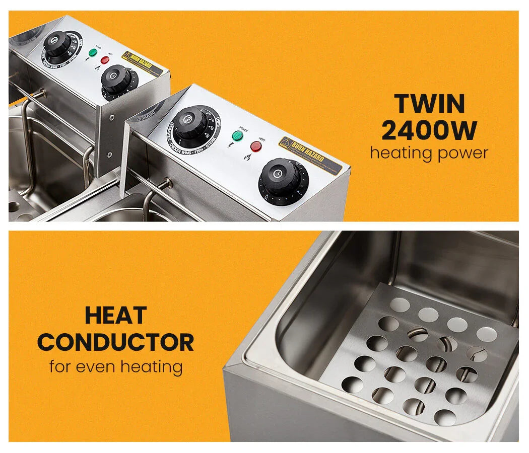 Commercial Double Tank Deep Fryer – 2400W×2, 60–200°C, Stainless Steel