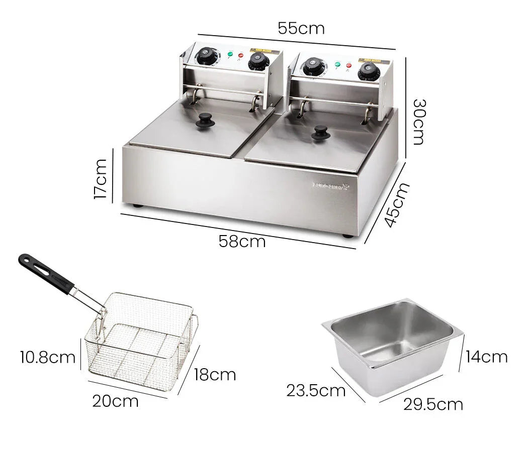 Commercial Double Tank Deep Fryer – 2400W×2, 60–200°C, Stainless Steel