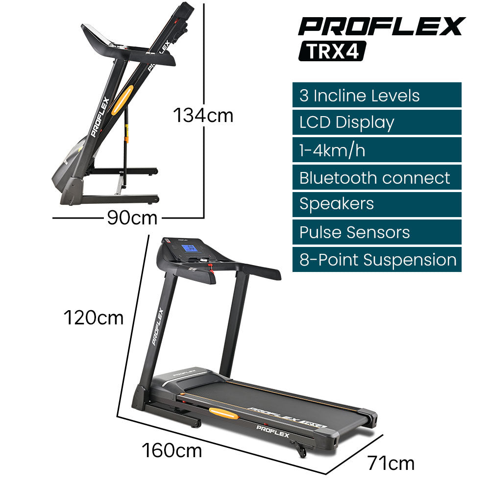TRX4 Electric Treadmill, Medium Size, Foldable, Suspension, Bluetooth, USB/MP3, Pulse Sensors, Fitness Tracker