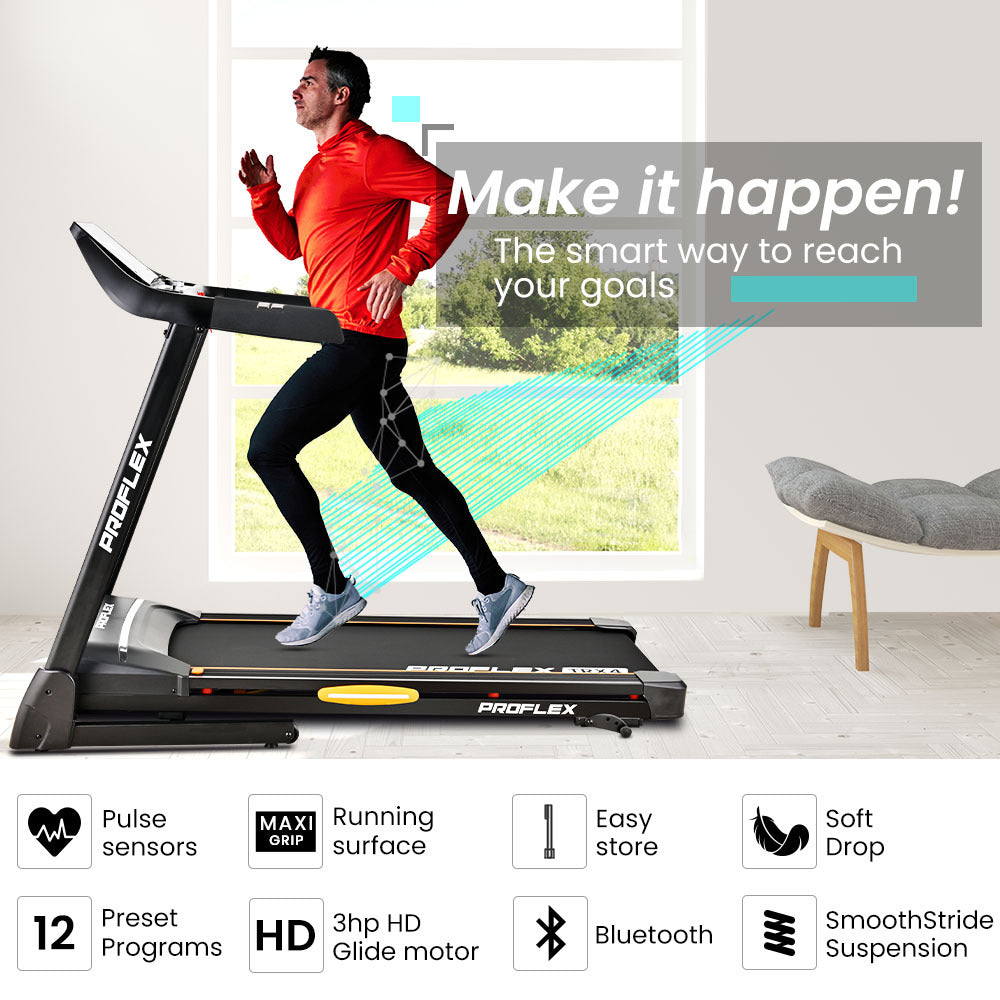 TRX4 Electric Treadmill, Medium Size, Foldable, Suspension, Bluetooth, USB/MP3, Pulse Sensors, Fitness Tracker