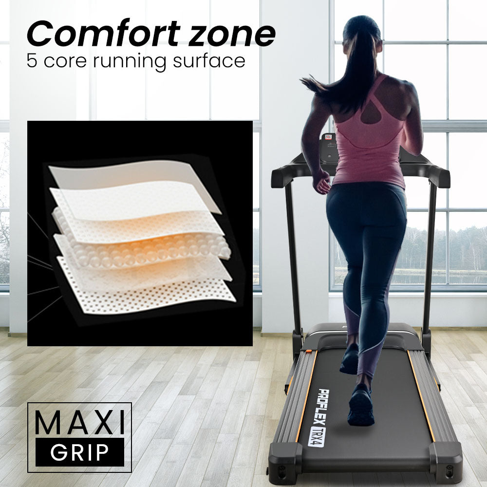 TRX4 Electric Treadmill, Medium Size, Foldable, Suspension, Bluetooth, USB/MP3, Pulse Sensors, Fitness Tracker