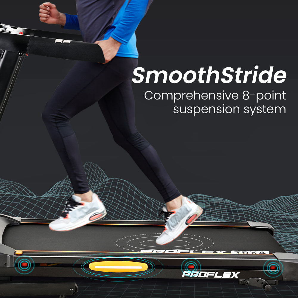 TRX4 Electric Treadmill, Medium Size, Foldable, Suspension, Bluetooth, USB/MP3, Pulse Sensors, Fitness Tracker