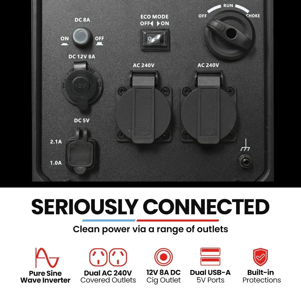 3.5kW Peak 3kW Enclosed Inverter Generator, 2x15A, 12V, USB, Portable, Compact, Camping, Backup