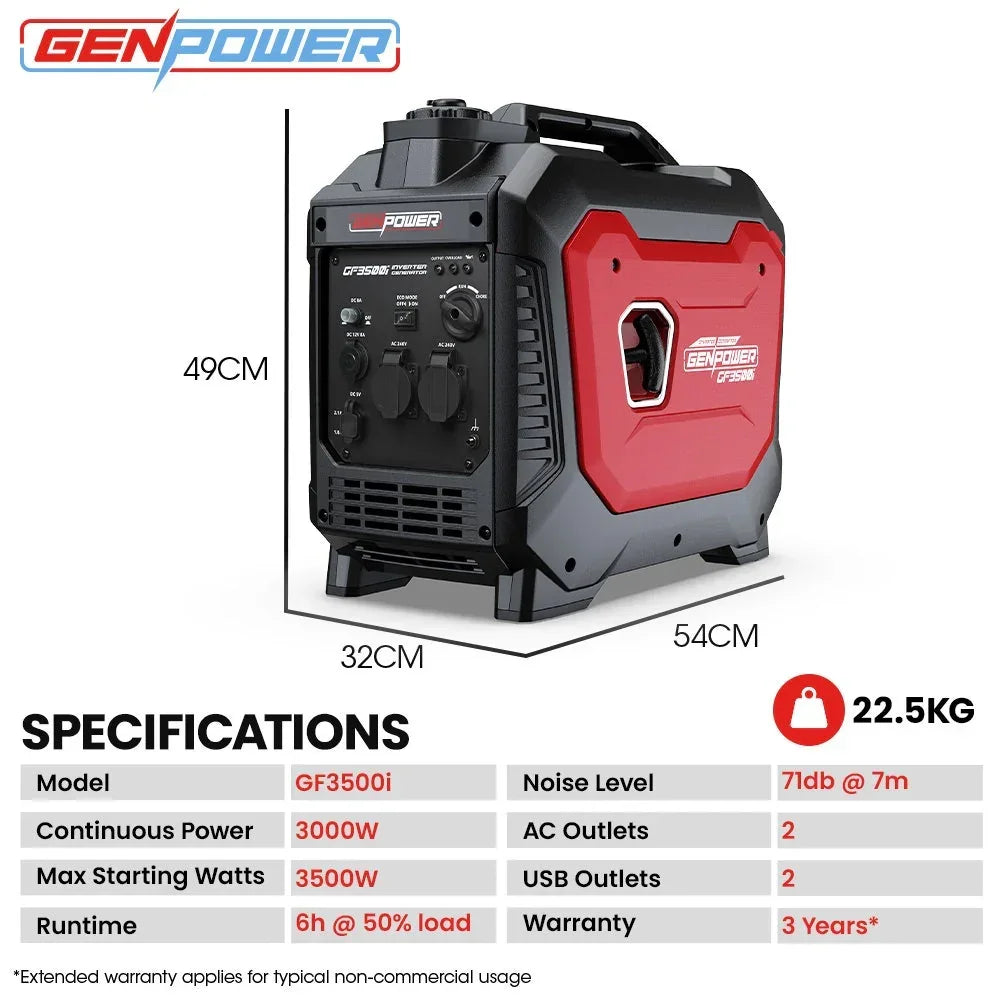 3.5kW Peak 3kW Enclosed Inverter Generator, 2x15A, 12V, USB, Portable, Compact, Camping, Backup