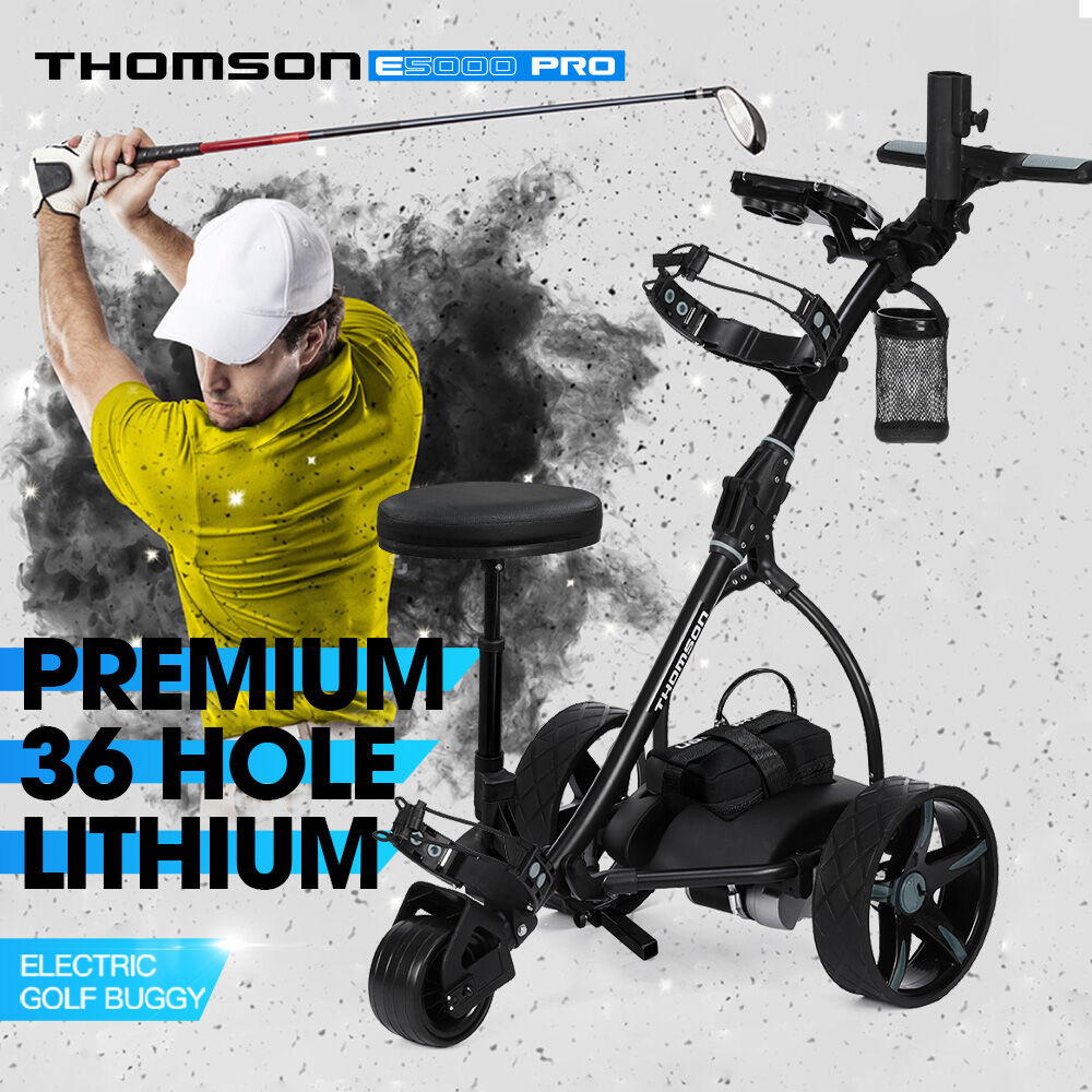 THOMSON E5000 Pro Lithium Golf Buggy, 36 Hole, Only 12kg, Easy Fold, Electric Motorised Buggy Trolley Cart w/ Seat, Black