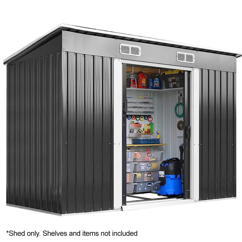 Galvanised Steel Garden Shed 2.38 x 1.31 x 1.82m, with 2 Sliding Doors, 2 Air Vents, Skillion Roof, Floor Frame