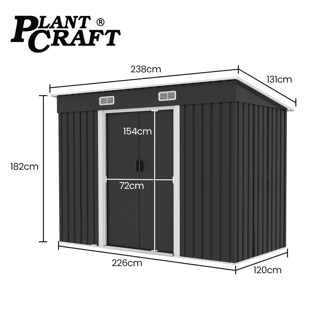 Galvanised Steel Garden Shed 2.38 x 1.31 x 1.82m, with 2 Sliding Doors, 2 Air Vents, Skillion Roof, Floor Frame