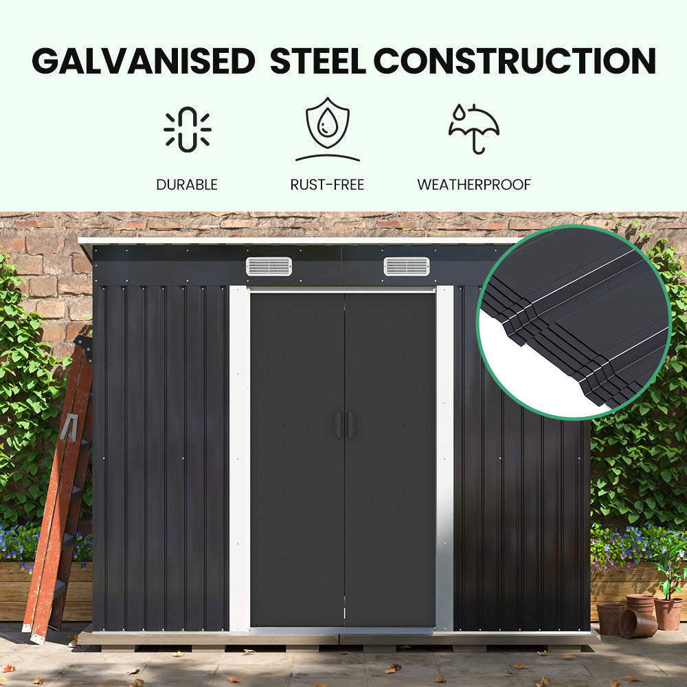 Galvanised Steel Garden Shed 2.38 x 1.31 x 1.82m, with 2 Sliding Doors, 2 Air Vents, Skillion Roof, Floor Frame