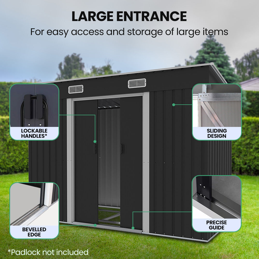 Galvanised Steel Garden Shed 2.38 x 1.31 x 1.82m, with 2 Sliding Doors, 2 Air Vents, Skillion Roof, Floor Frame