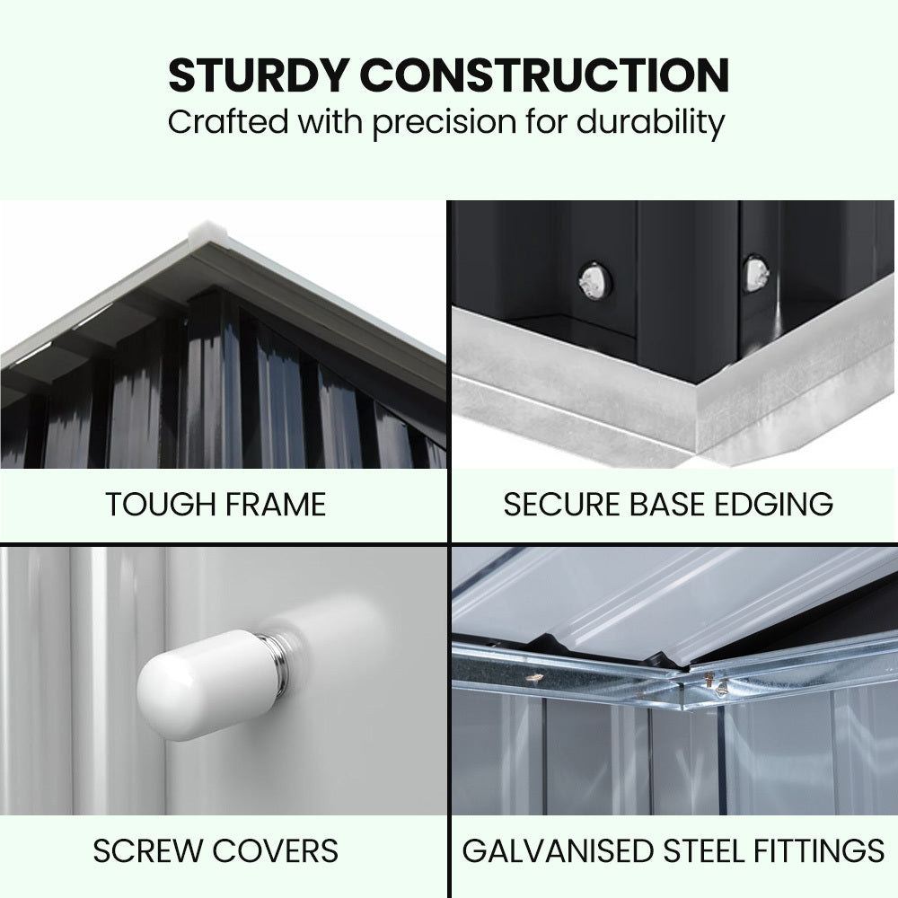 Galvanised Steel Garden Shed 2.38 x 1.31 x 1.82m, with 2 Sliding Doors, 2 Air Vents, Skillion Roof, Floor Frame