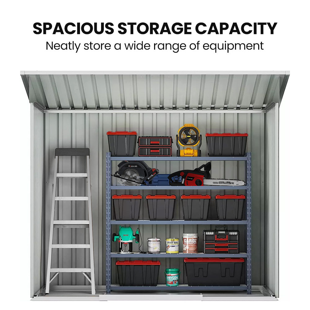 Galvanised Steel Garden Shed 2.38 x 1.31 x 1.82m, with 2 Sliding Doors, 2 Air Vents, Skillion Roof, Floor Frame