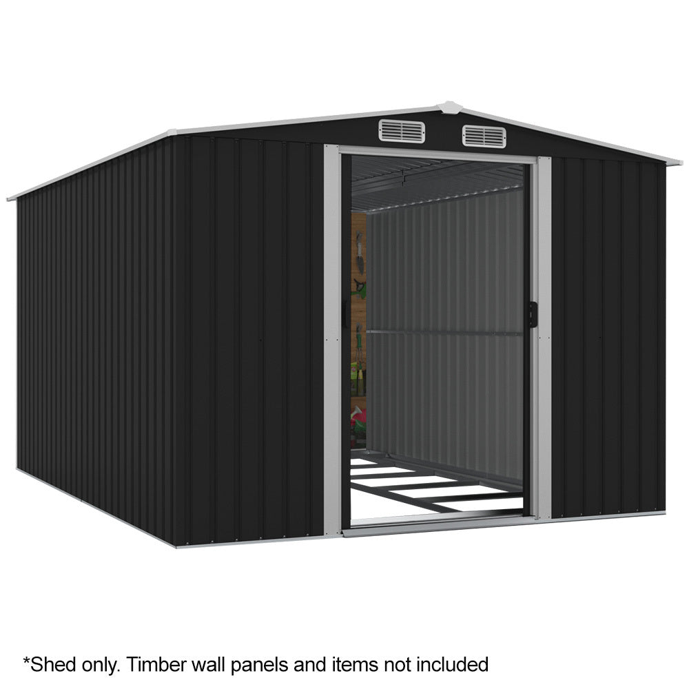 Galvanised Steel Garden Shed 2.58 x 3.13 x 2.02m, with 2 Sliding Doors, 4 Air Vents, Gable Roof, Floor Frame