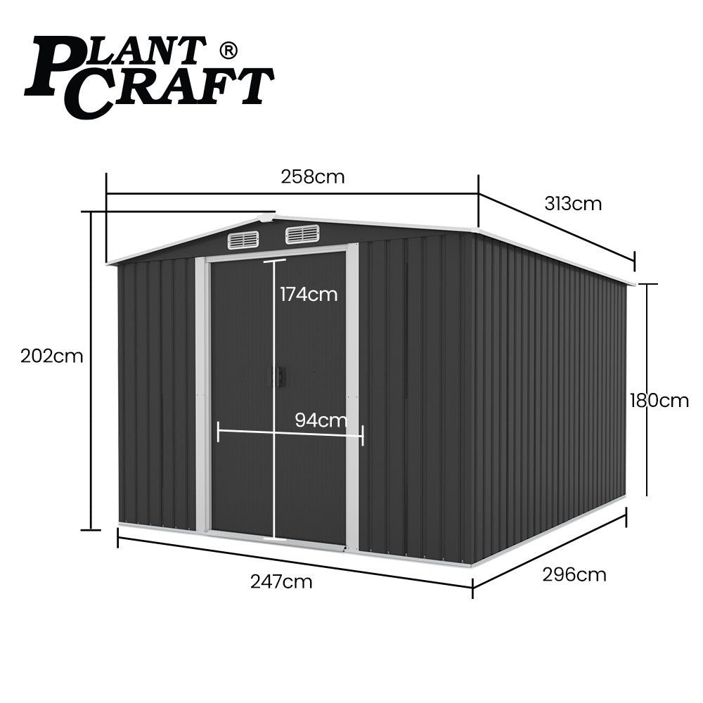 Galvanised Steel Garden Shed 2.58 x 3.13 x 2.02m, with 2 Sliding Doors, 4 Air Vents, Gable Roof, Floor Frame