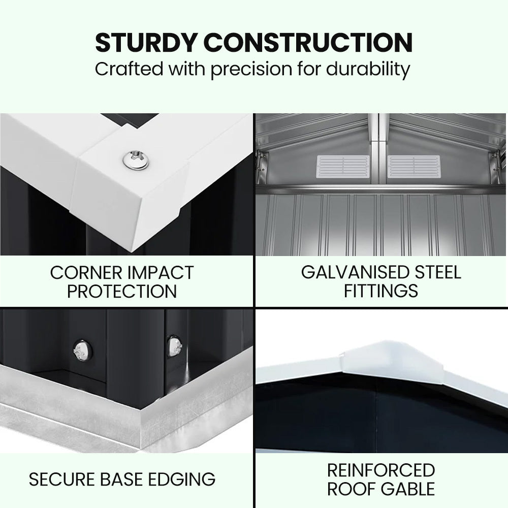 Galvanised Steel Garden Shed 2.58 x 3.13 x 2.02m, with 2 Sliding Doors, 4 Air Vents, Gable Roof, Floor Frame