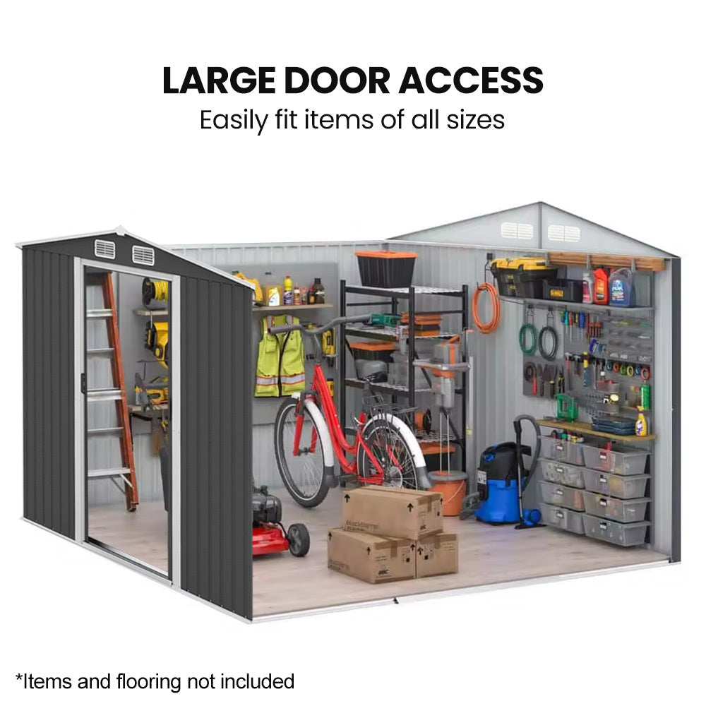 Galvanised Steel Garden Shed 2.58 x 3.13 x 2.02m, with 2 Sliding Doors, 4 Air Vents, Gable Roof, Floor Frame