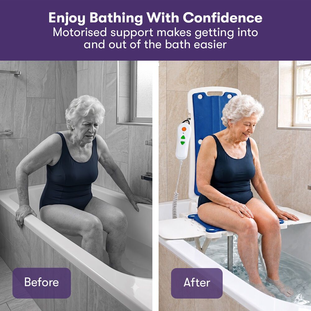 Motorised Bath Lift Chair, Electric Battery Operated Reclining Seat, Bathing for Elderly & Disabled, 136kg Capacity Blue