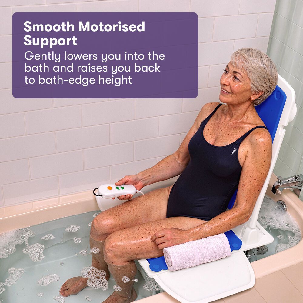 Motorised Bath Lift Chair, Electric Battery Operated Reclining Seat, Bathing for Elderly & Disabled, 136kg Capacity Blue