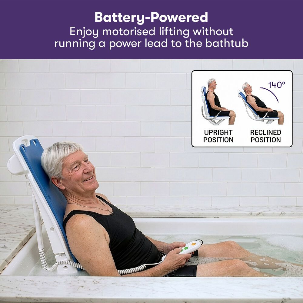 Motorised Bath Lift Chair, Electric Battery Operated Reclining Seat, Bathing for Elderly & Disabled, 136kg Capacity Blue
