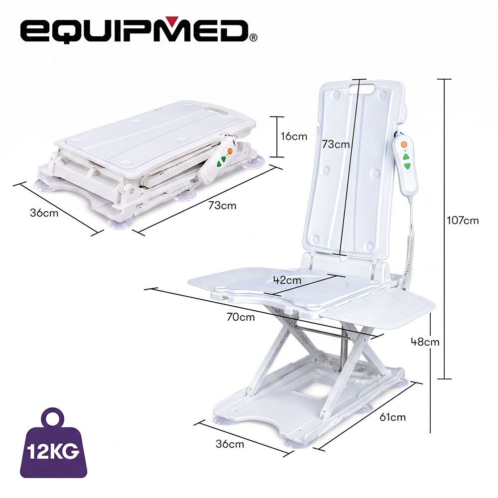 EQUIPMED Motorised Bath Lift Chair, Electric Battery Operated Reclining Seat, Bathing Aid for Elderly & Disabled, 136kg Capacity White