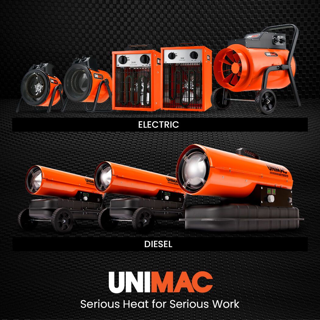 UNIMAC 2kW Industrial Electric Fan Heater, 2 Heat Settings, Fast Heating, Compact Portable Box Design for Workshop and Garage Use