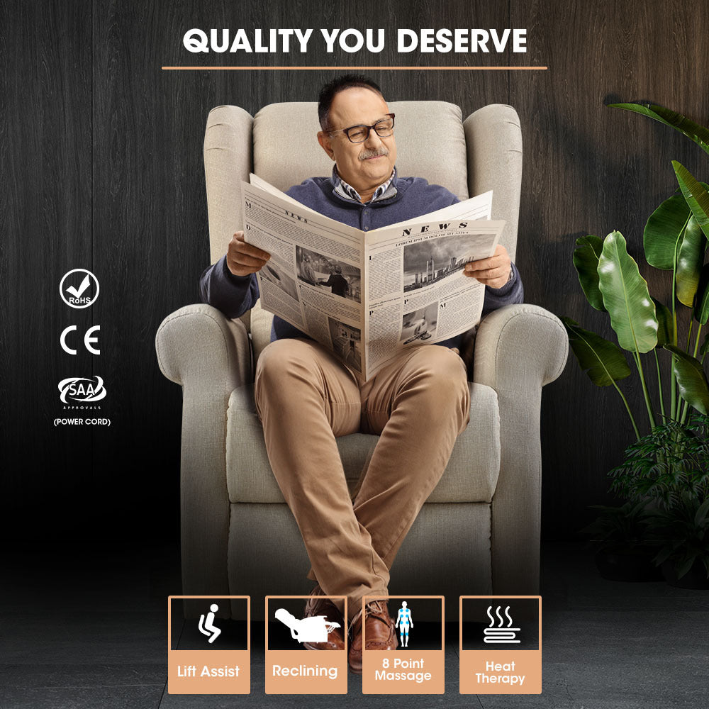 Electric Recliner Lift Heat Chair for Elderly, Massage, Heat Therapy, Aged Care, Beige