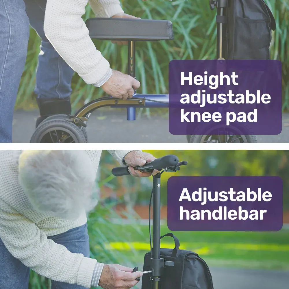 EQUIPMED Knee Scooter Walker, 10 inch Tyres Dual Brakes Bag - Broken Leg Ankle Foot Mobility - Crutches Alternative - Blue