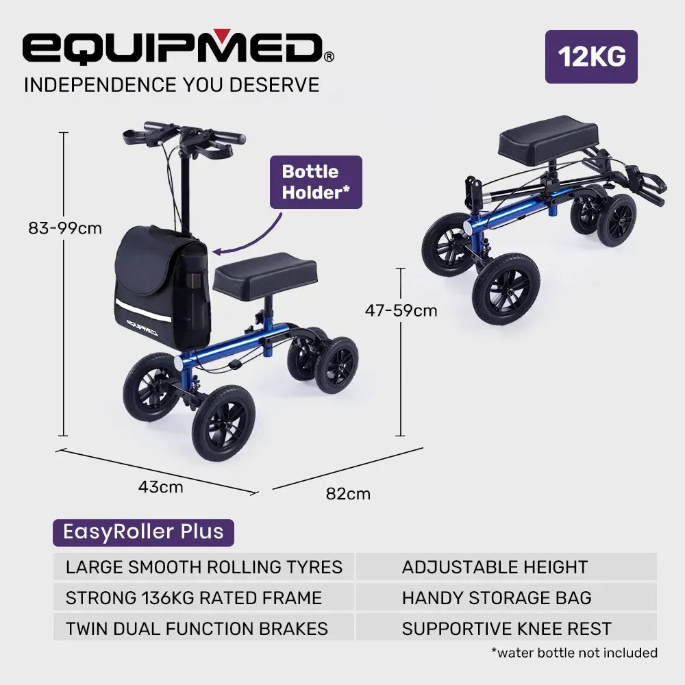 EQUIPMED Knee Scooter Walker, 10 inch Tyres Dual Brakes Bag - Broken Leg Ankle Foot Mobility - Crutches Alternative - Blue