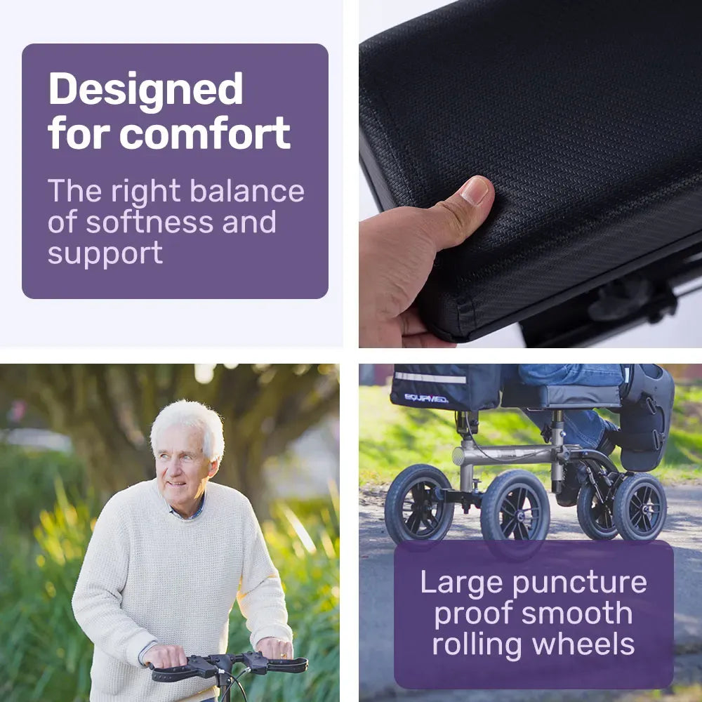 EQUIPMED Knee Scooter Walker, 10 inch Tyres Dual Brakes Bag - Broken Leg Ankle Foot Mobility - Crutches Alternative - Titanium colour