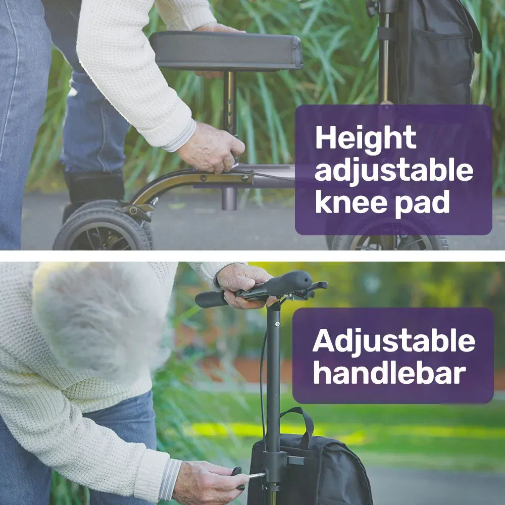 EQUIPMED Knee Scooter Walker, 10 inch Tyres Dual Brakes Bag - Broken Leg Ankle Foot Mobility - Crutches Alternative - Titanium colour