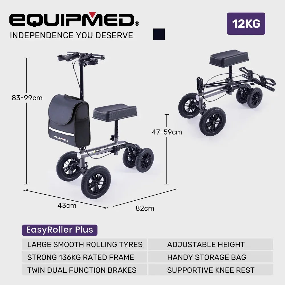 EQUIPMED Knee Scooter Walker, 10 inch Tyres Dual Brakes Bag - Broken Leg Ankle Foot Mobility - Crutches Alternative - Titanium colour