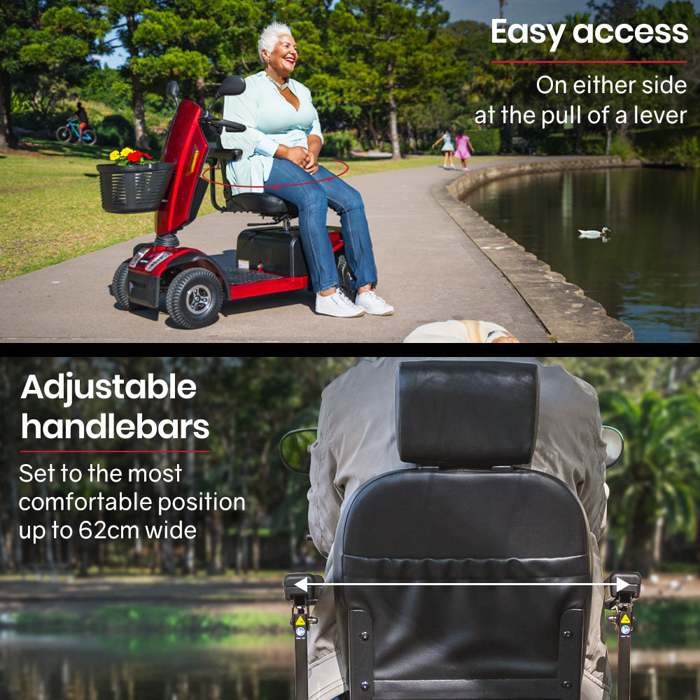 VentureCruise Mobility Scooter, S-XXL comfortable size for all riders, 30km Max Range, 180kg capacity, Red