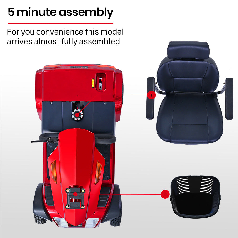 VentureCruise Mobility Scooter, S-XXL comfortable size for all riders, 30km Max Range, 180kg capacity, Red