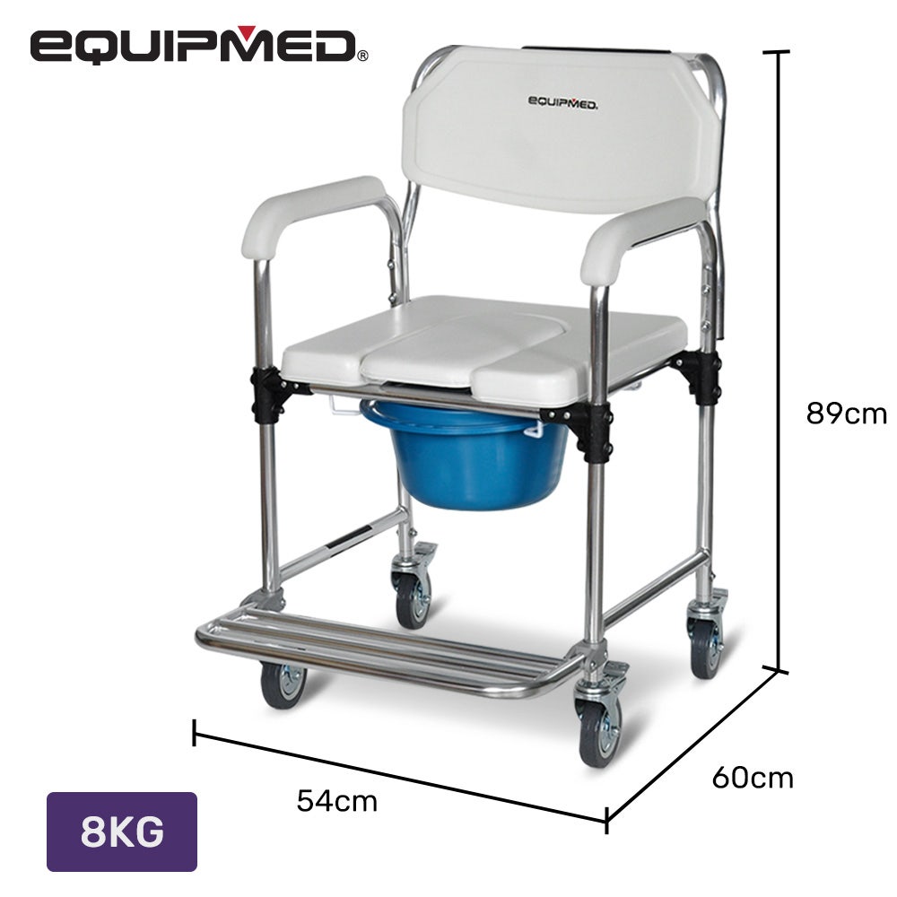 Equipmed Rolling Commode Shower Chair Over Toilet Bedside, 136kg, White/Blue