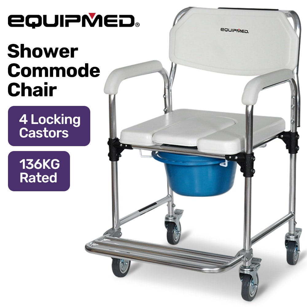 Equipmed Rolling Commode Shower Chair Over Toilet Bedside, 136kg, White/Blue