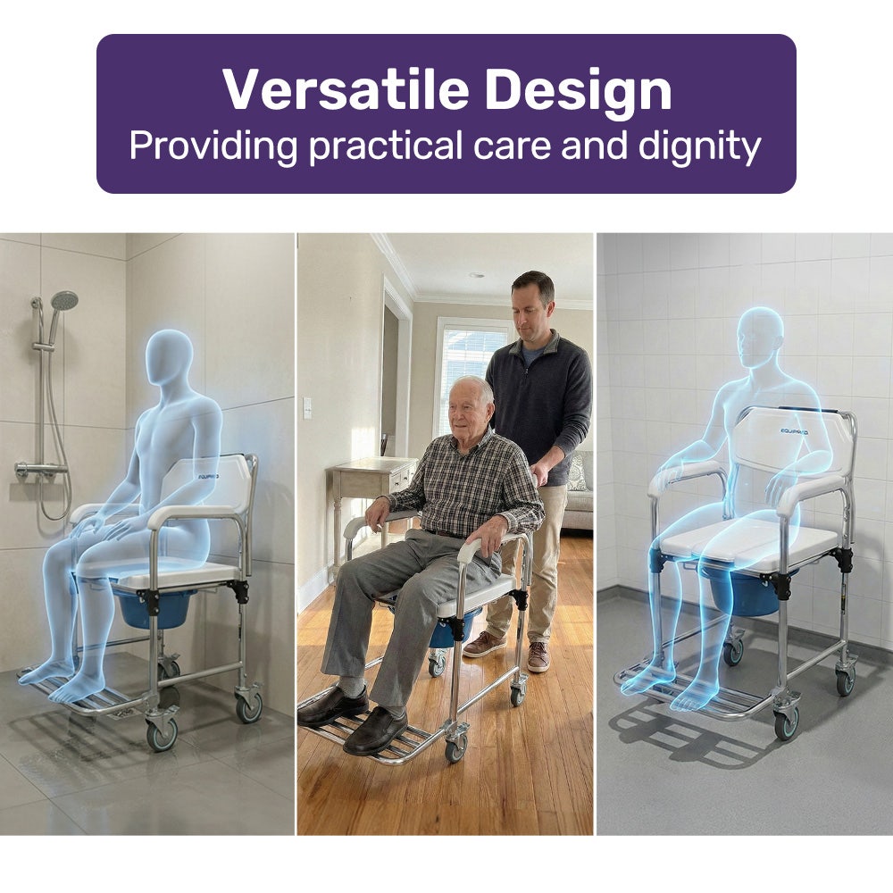 Equipmed Rolling Commode Shower Chair Over Toilet Bedside, 136kg, White/Blue