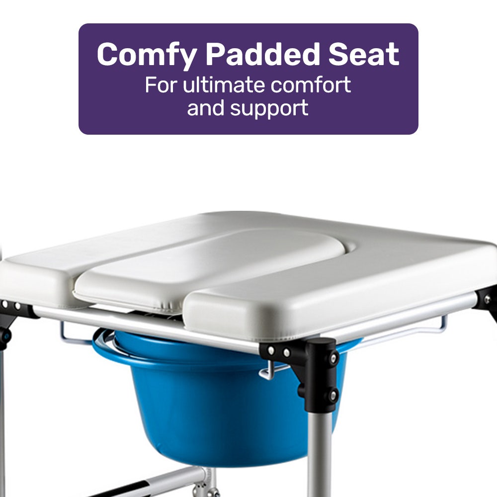 Equipmed Rolling Commode Shower Chair Over Toilet Bedside, 136kg, White/Blue