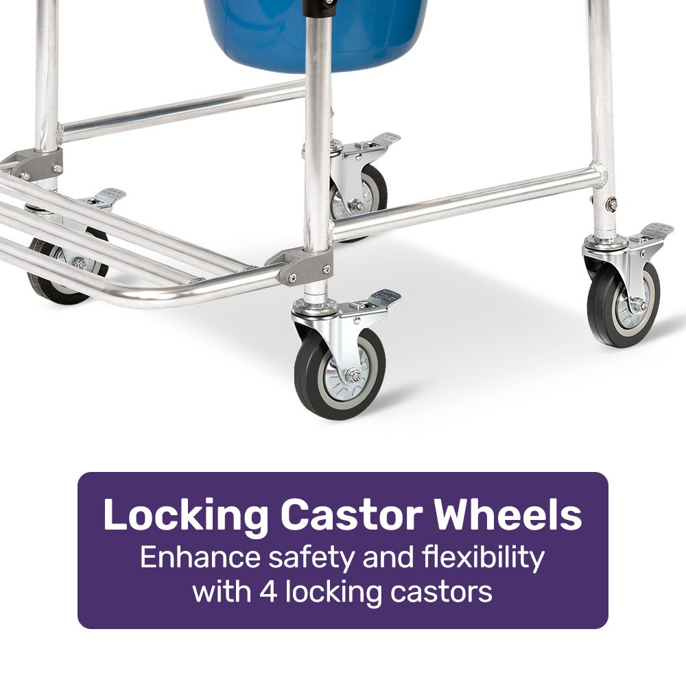 Equipmed Rolling Commode Shower Chair Over Toilet Bedside, 136kg, White/Blue