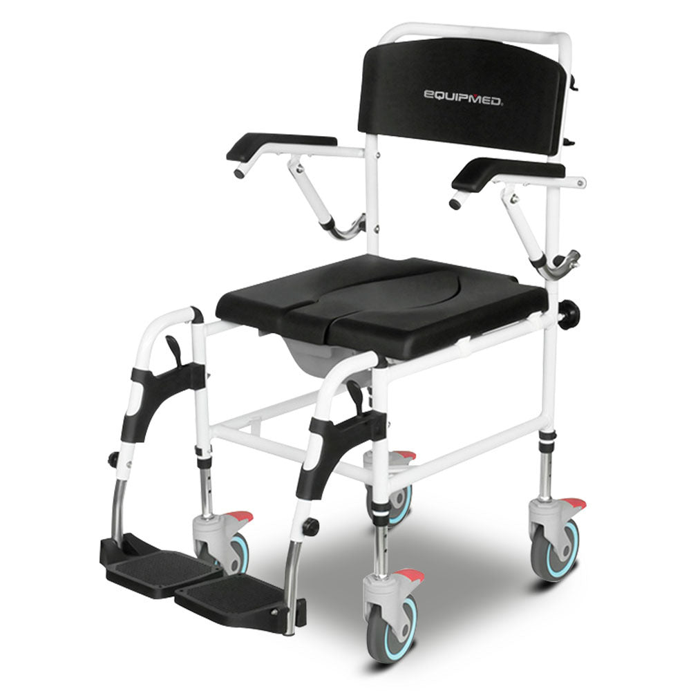 Commode Shower Chair, Over Toilet or Bedside 136kg Capacity Aluminium frame with Wheels, Black