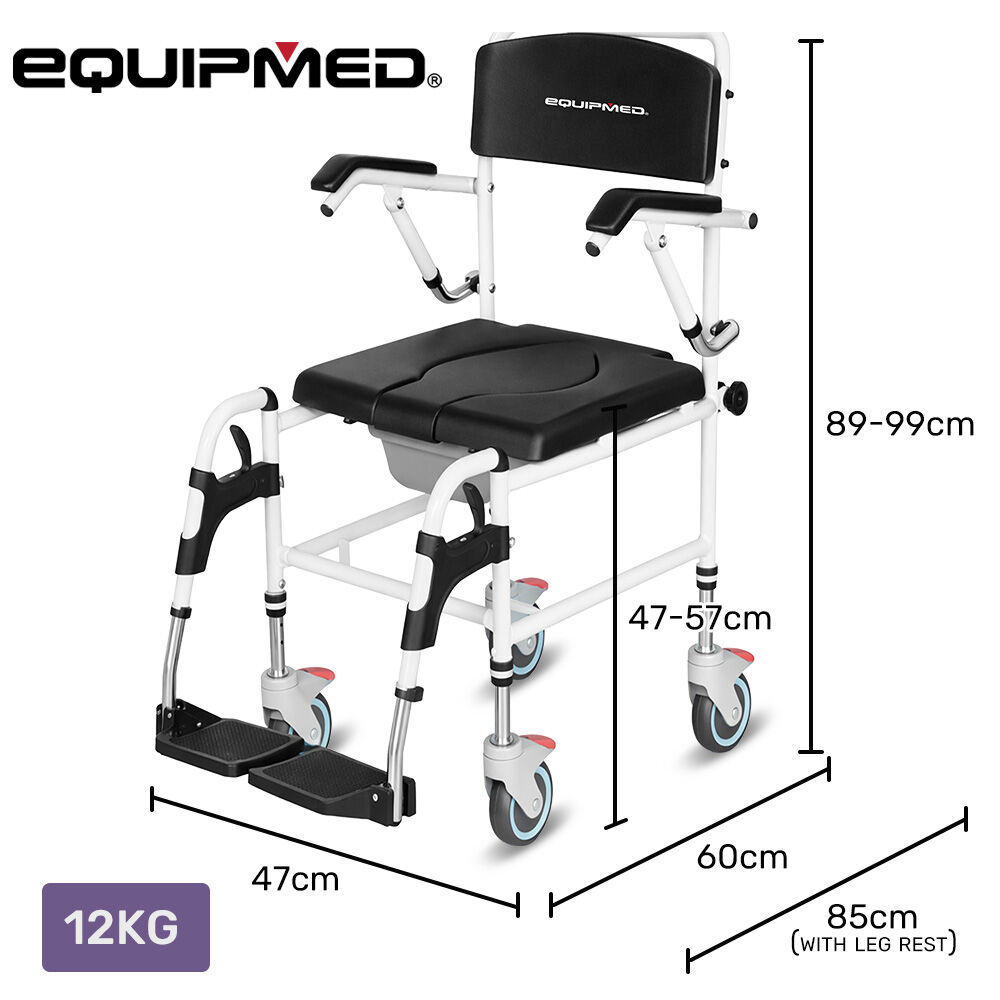 Commode Shower Chair, Over Toilet or Bedside 136kg Capacity Aluminium frame with Wheels, Black