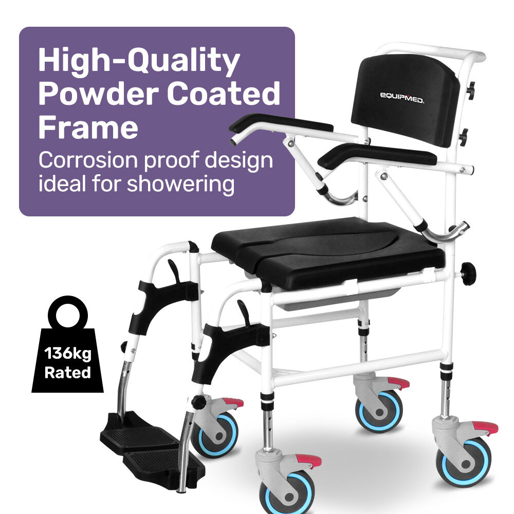 Commode Shower Chair, Over Toilet or Bedside 136kg Capacity Aluminium frame with Wheels, Black