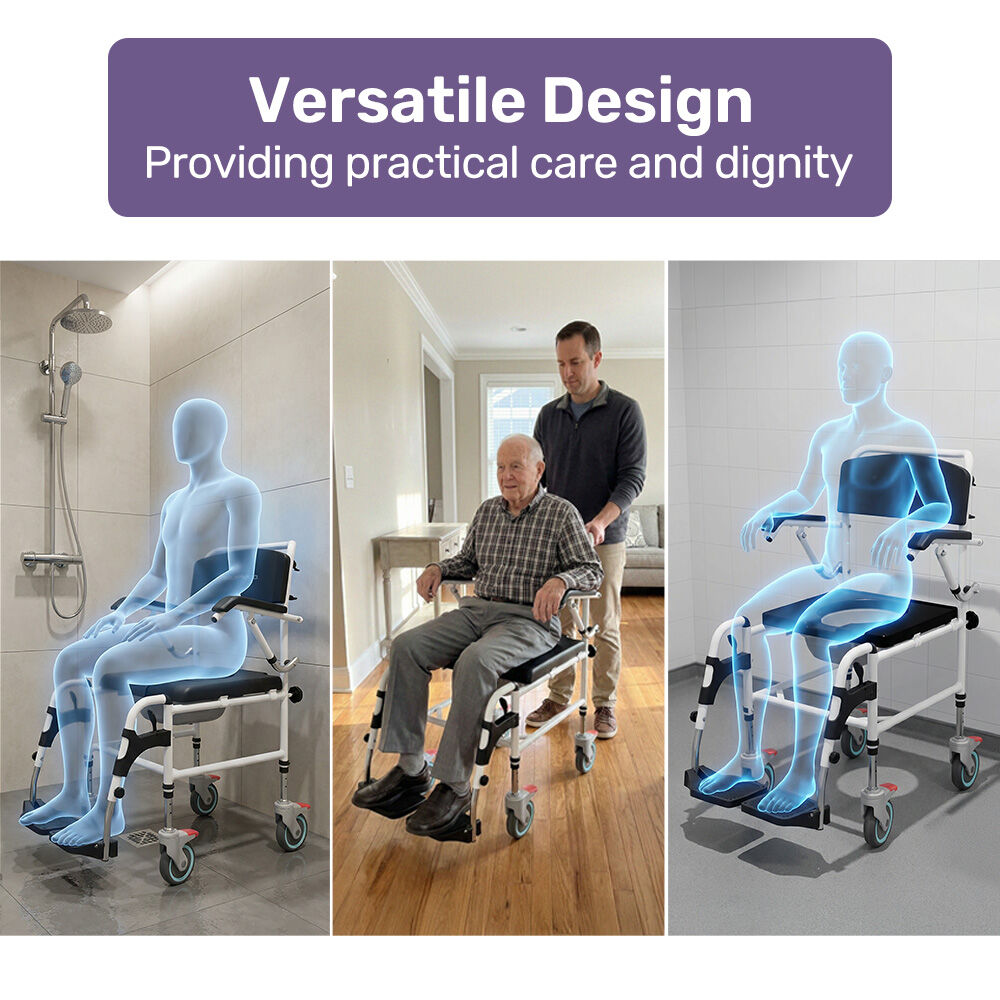 Commode Shower Chair, Over Toilet or Bedside 136kg Capacity Aluminium frame with Wheels, Black