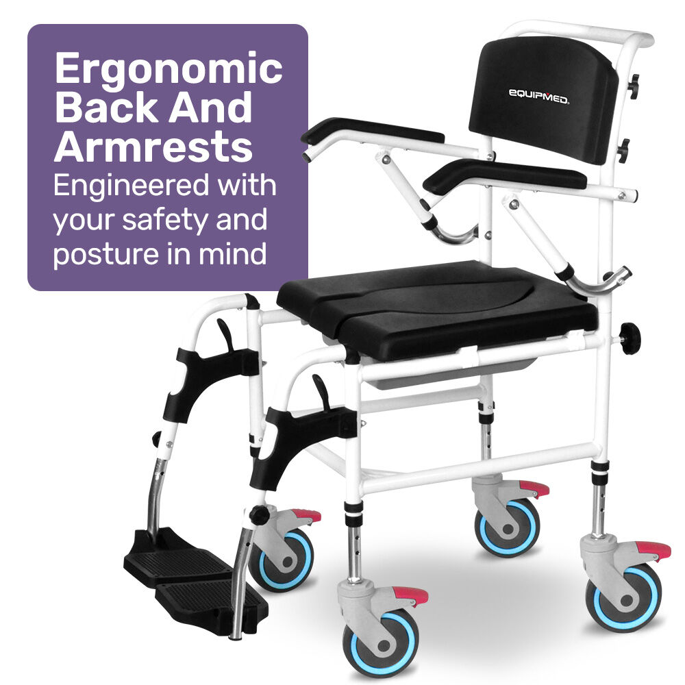 Commode Shower Chair, Over Toilet or Bedside 136kg Capacity Aluminium frame with Wheels, Black