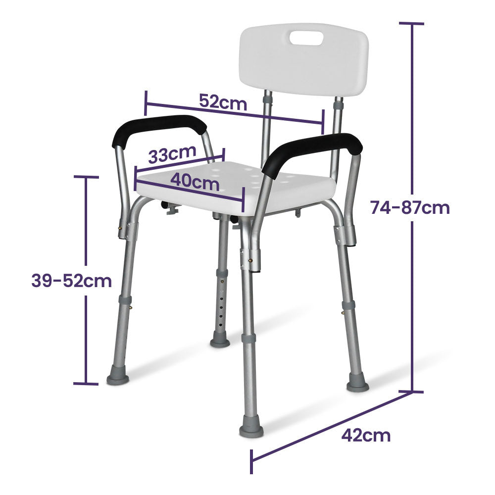 Shower Chair Bath Seat 120kg Capacity, with Arms, Adjustable Height, for Elderly, White