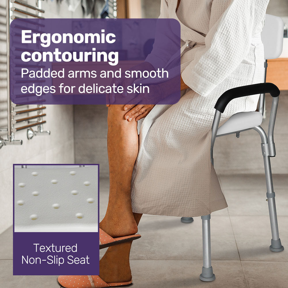 Shower Chair Bath Seat 120kg Capacity, with Arms, Adjustable Height, for Elderly, White